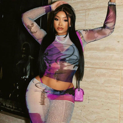 Sheer Mesh Two-Piece Set Long Sleeve Printed Top And Fitted Skirt