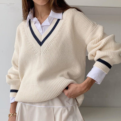 Color Block V-Neck Long Sleeve Sweater
