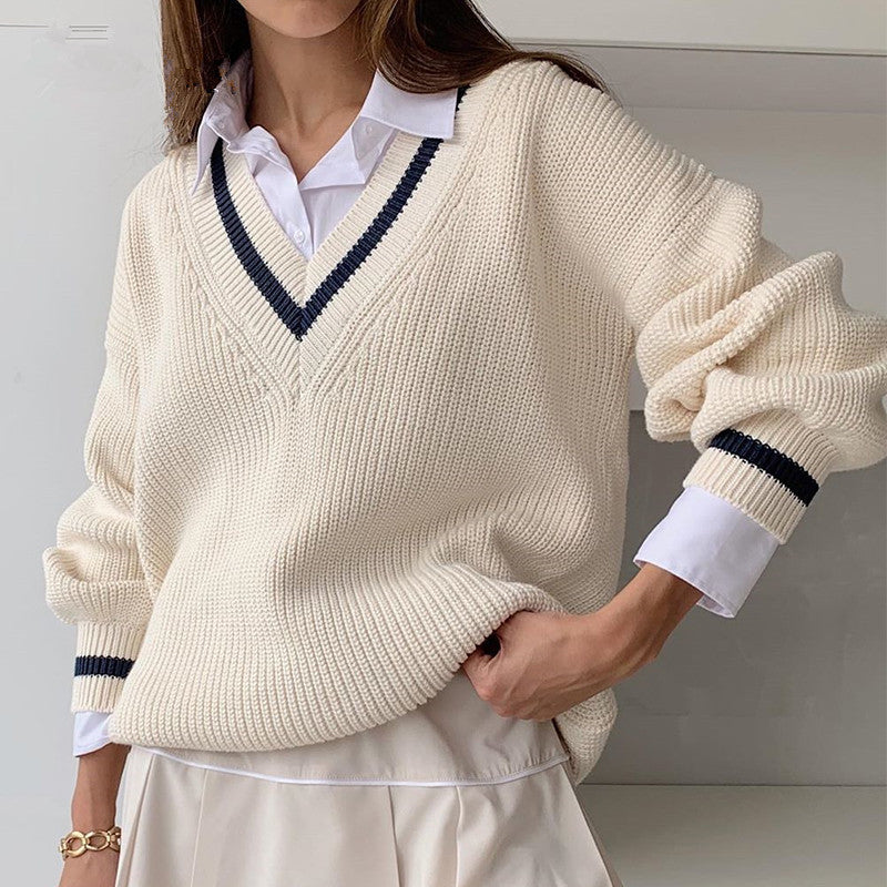 Color Block V-Neck Long Sleeve Sweater