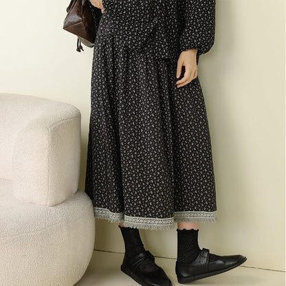 Artistic Vintage Floral Contrast Hem Skirt Casual Loose Set