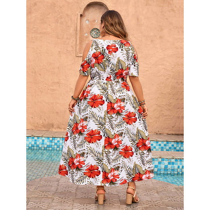 White Floral Print Off-Shoulder Dress V-Neck Loose Maxi Dress