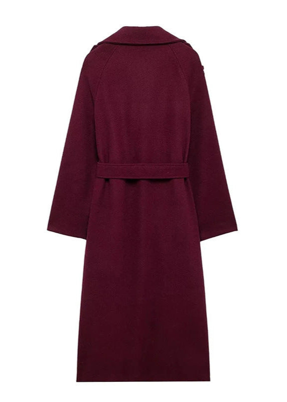 Double Breasted Belted Trench Coat Burgundy Fabric