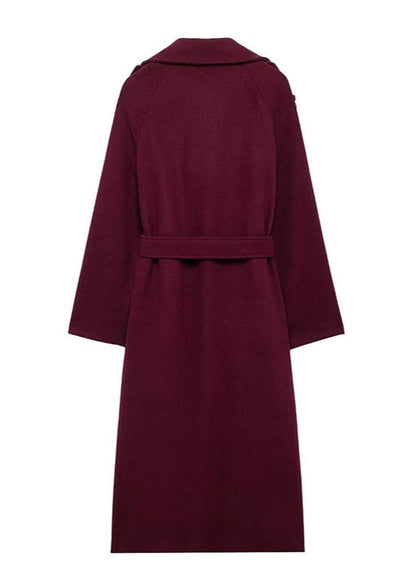 Double Breasted Belted Trench Coat Burgundy Fabric