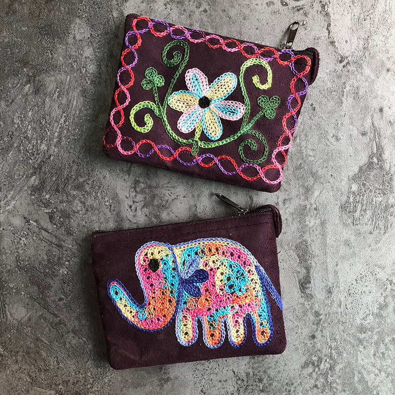 Nepali Hand-Embroidered Suede Ethnic Style Mini Coin Purse Pocket Card Bag Short Fabric Coin Bag