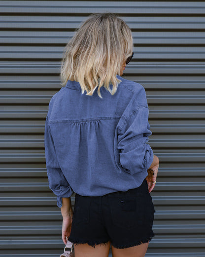 Trendy Polo Collar Long Sleeve Drawstring Shirt