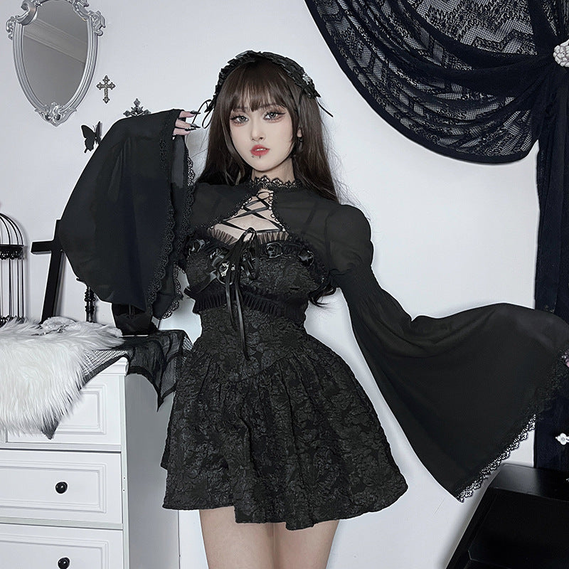 Gothic Lace Overlay Black Button-Up Top for Women