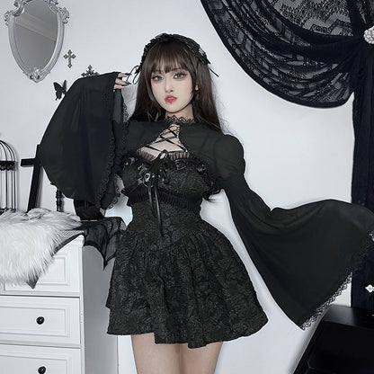 Gothic Lace Overlay Black Button-Up Top for Women