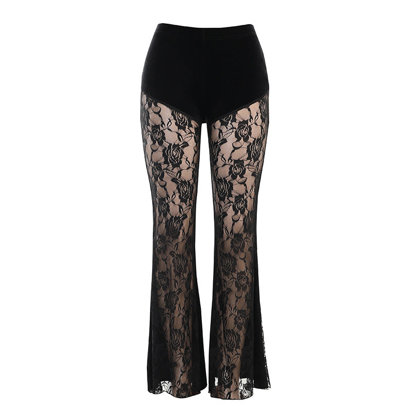 Summer Lace Casual Flare Pants Stylish Sexy Sheer Trousers