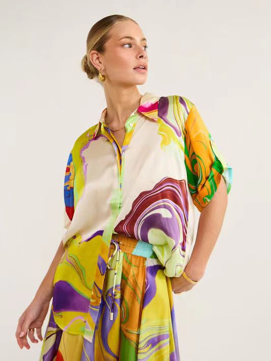 Fashionable Floral Satin Lounge Set For Business Casual