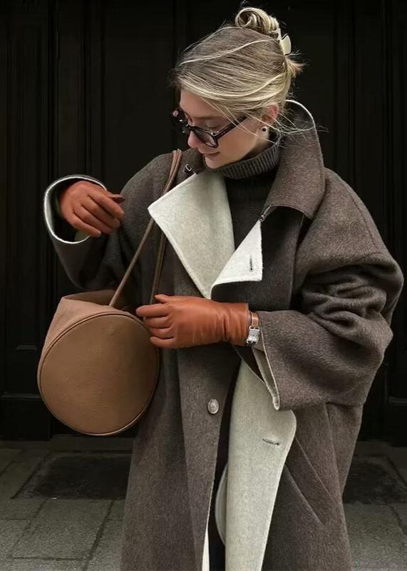 Long Woolen Coat Brown Classic Lapel Design