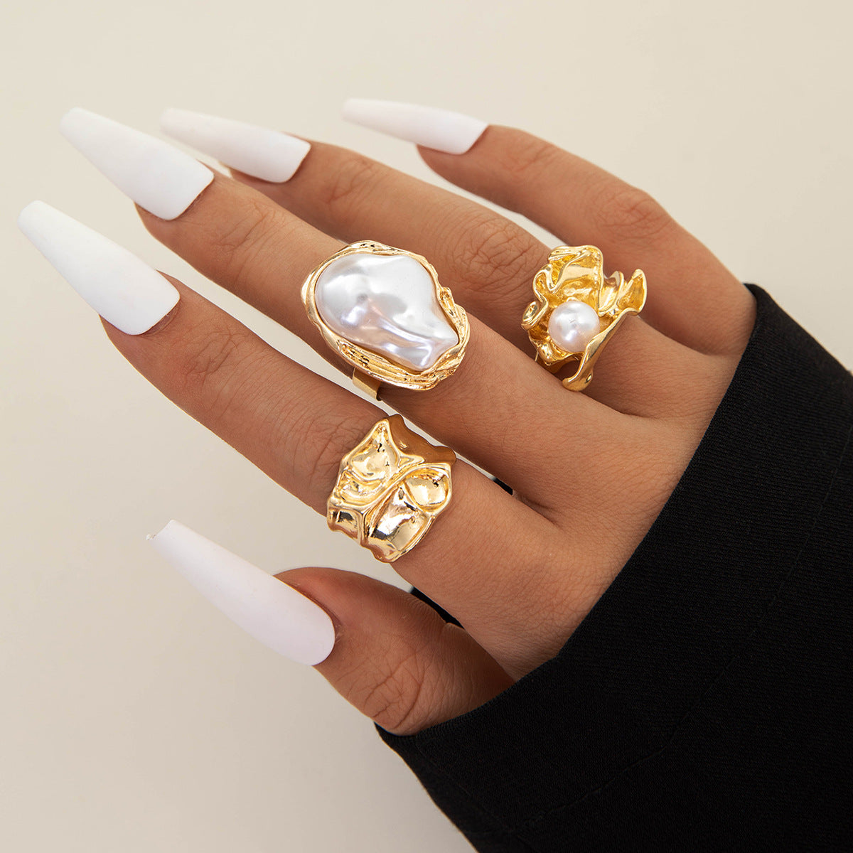 Irregular Pearl Ring Set Trendy Gold Retro Geometric Statement Rings