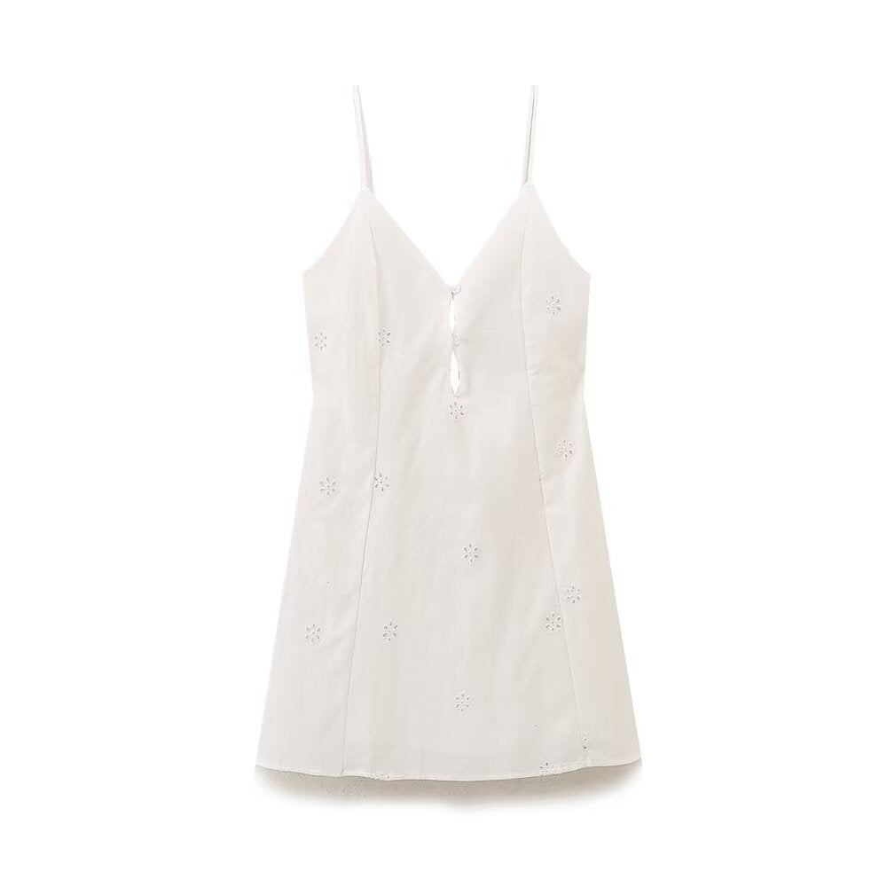 Sexy Embroidery Buttons Spaghetti Mini Dresses