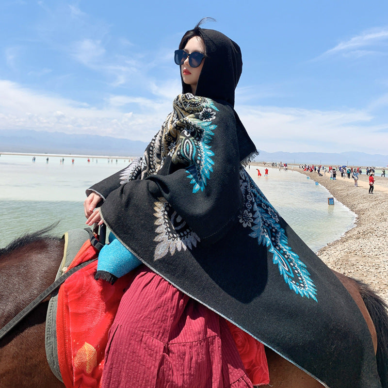 Autumn And Winter Hooded Shawl, National Style Dual-Purpose Warm Scarf