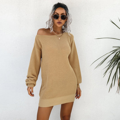 Autumn/Winter Casual Off-The-Shoulder Lantern Sleeve Knitted Sweater Dress
