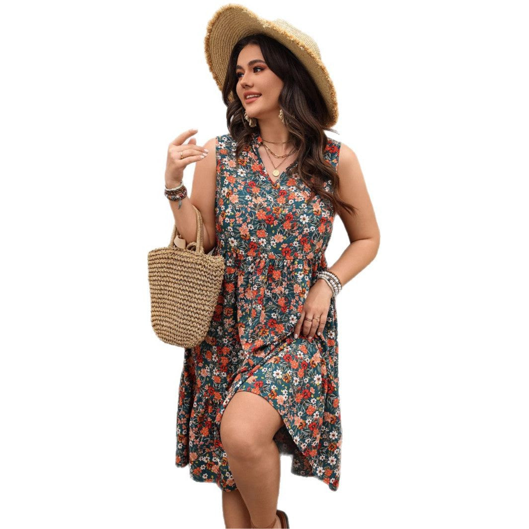 Elegant Floral Print Sleeveless Dress Polyester Casual Maxi Dress