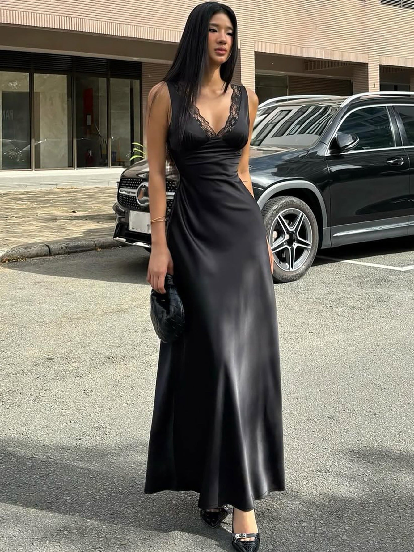 Deep V Lace Trim Bodycon Dress Black Elegant Style