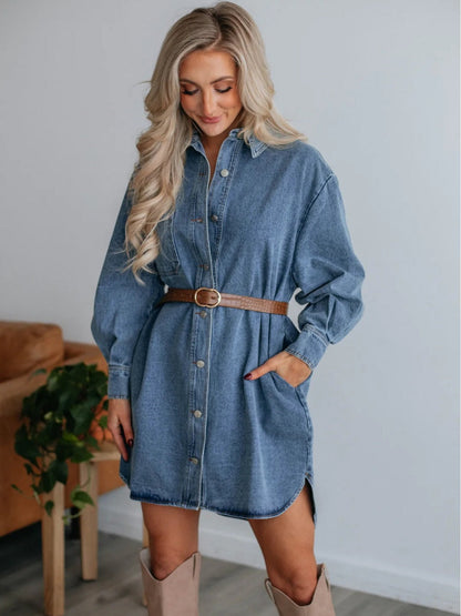Button Design Slimming Long Sleeve Denim Dress