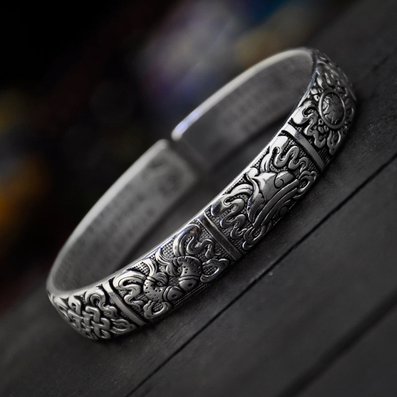 Vintage Thai Silver Auspicious Eight Treasures Bracelet Worn-Out Black Tibetan Silver Bracelet Miao Silver Jewelry Handmade Ethnic Style Woman