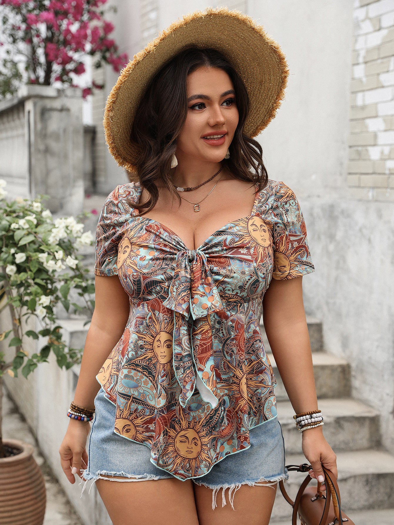 Trendy Floral Loose-Fit Top with Tie Detail
