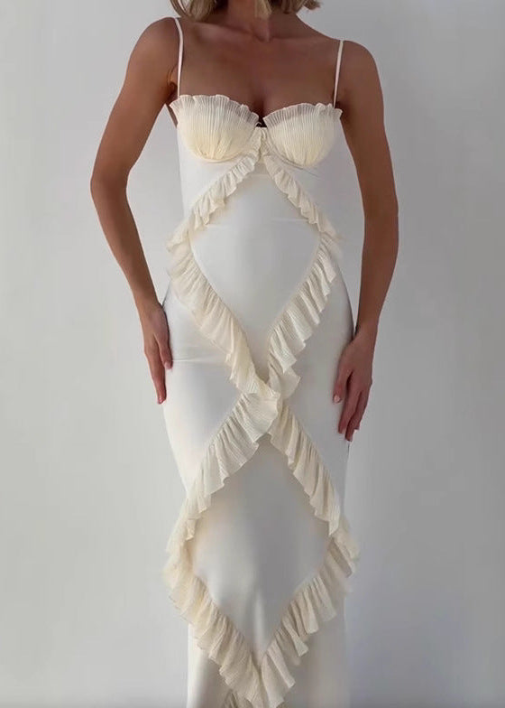 Ruffled Corset Gown With Pleated Cups In Apricot