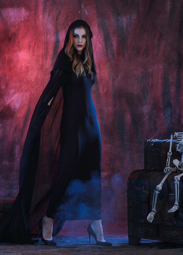 Long Black Dress With Sheer Hooded Cape