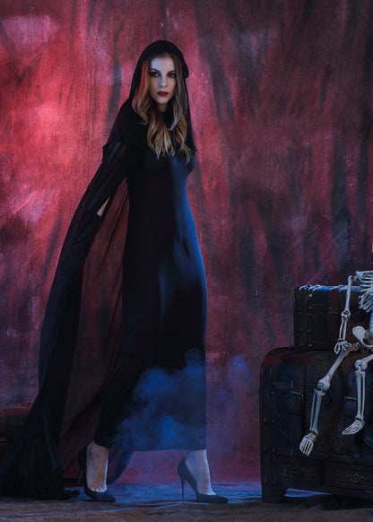 Long Black Dress With Sheer Hooded Cape