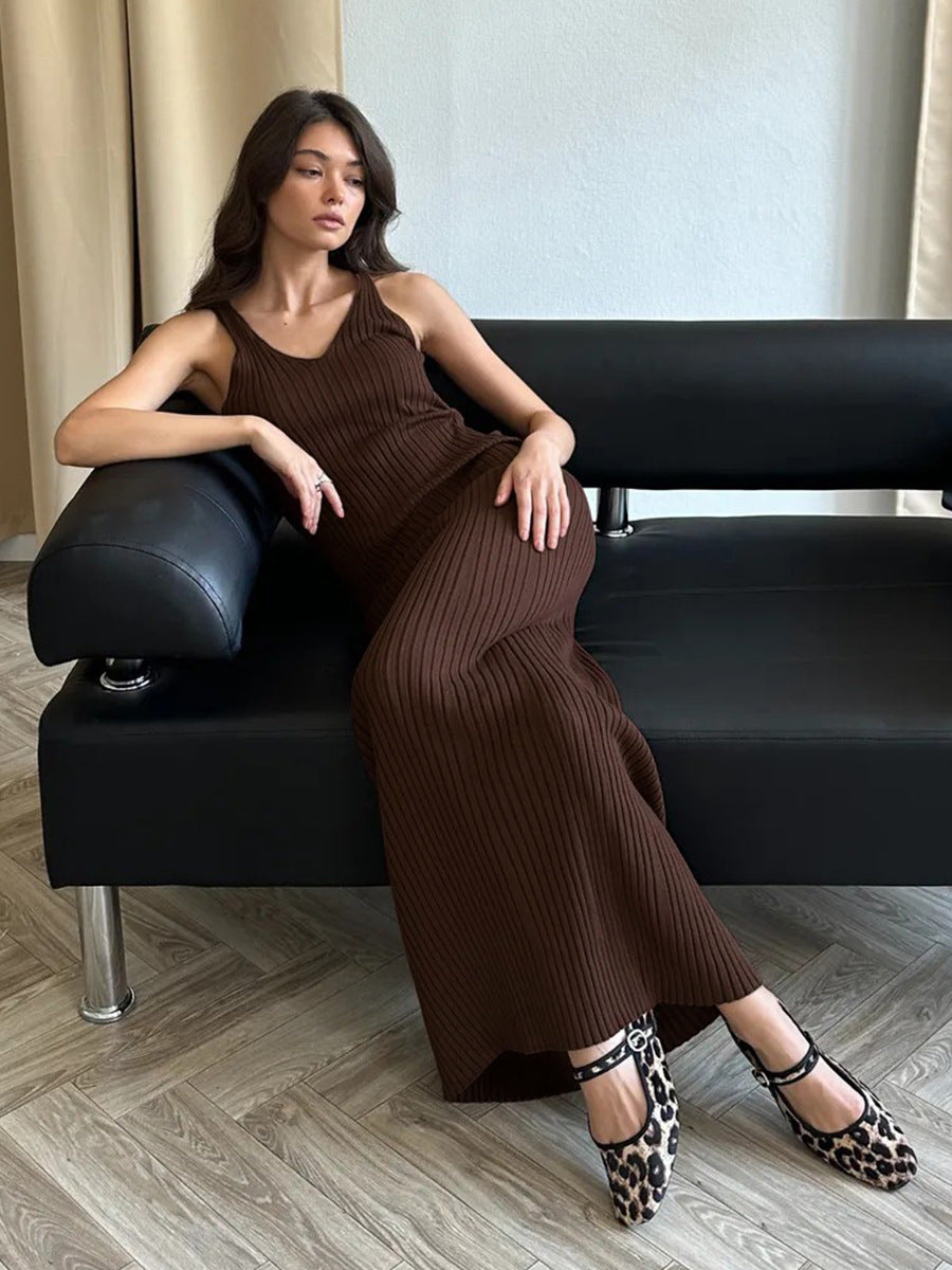 Bodycon Knit Maxi Dress Casual Sleeveless Round Neck Dress