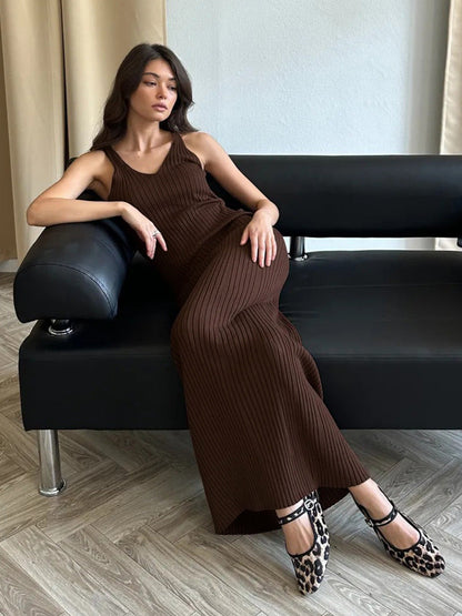 Bodycon Knit Maxi Dress Casual Sleeveless Round Neck Dress