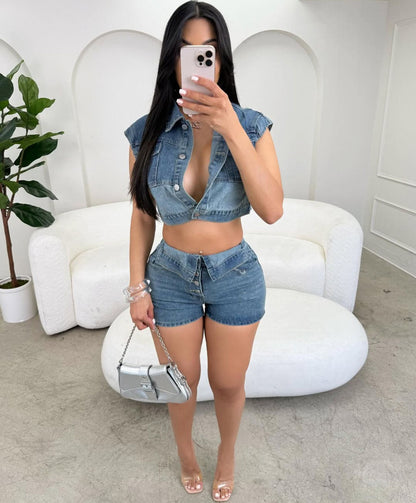 Casual Color Block Denim Set With Short Sleeve Top And High-Waisted Pants