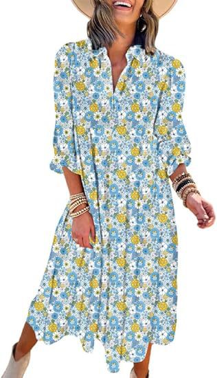 New Casual Loose Long-Sleeved V-Neck Women'S Bohemian Floral Elegant A-Shaped Dress