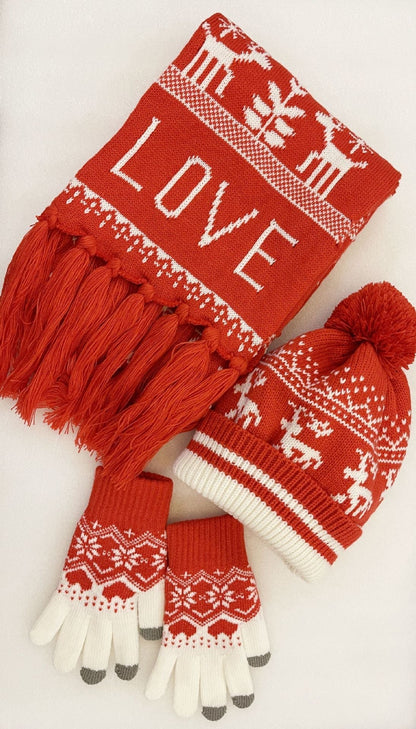 Christmas Knitted Hat Jacquard Scarf Touch Screen Gloves Three-Piece Gift