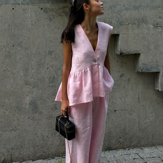 Cotton V-Neck Sleeveless Top and Long Pants Set for Women