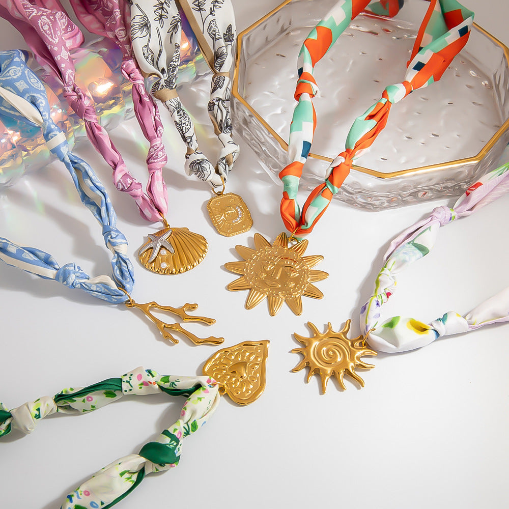 Stainless Steel Scarf Necklace with Fruit and Animal Pendants