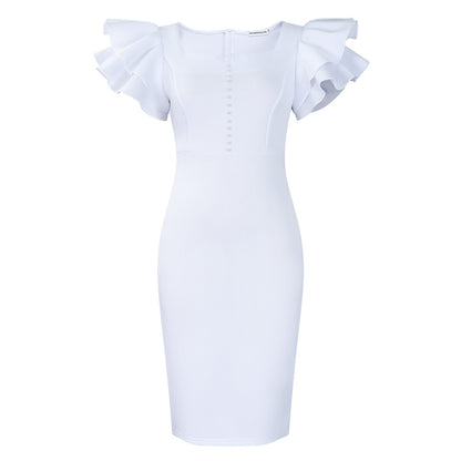 Elegant V-Neck Pearl Detail Bodycon Dress