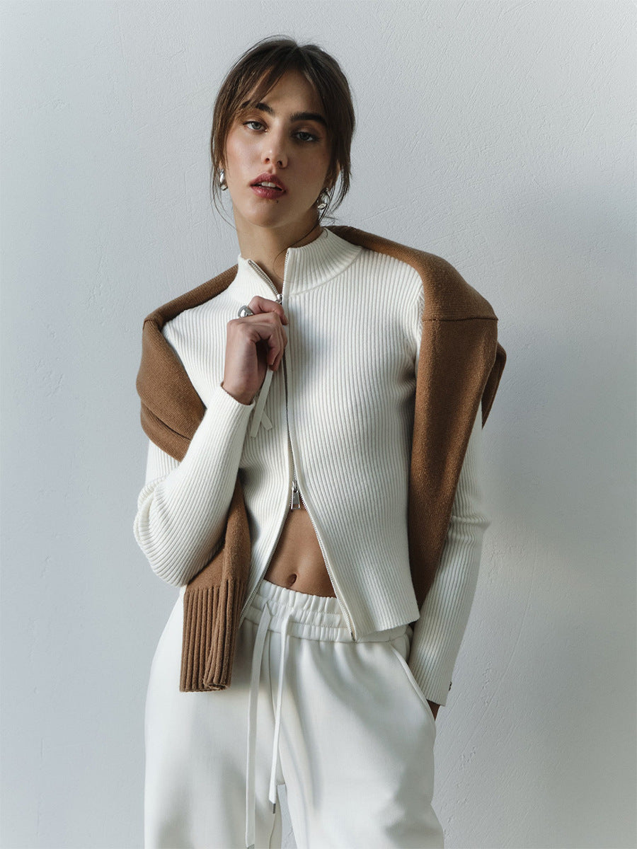 Casual Long Sleeve Cardigan Zipper Knit Jacket for Women