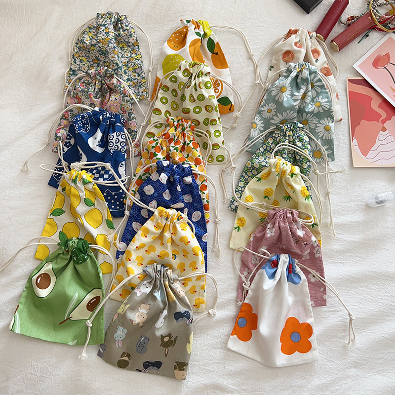 Mini Cotton Drawstring Makeup Pouch Cute Floral Travel Bag