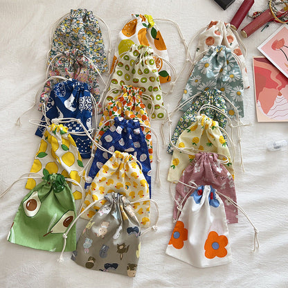 Mini Cotton Drawstring Makeup Pouch Cute Floral Travel Bag