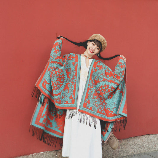 Tibetan Ethnic Totem Flower Big Shawl Retro Warm Scarf