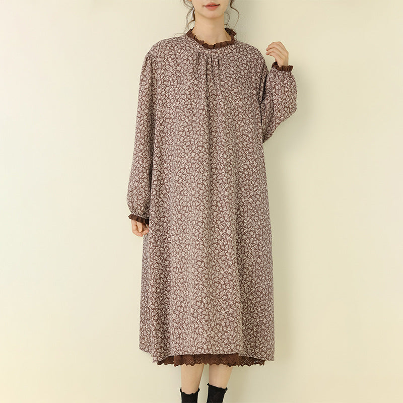 Floral Print Long Sleeve Dress Casual A-Line Dress with Ruffled Neckline