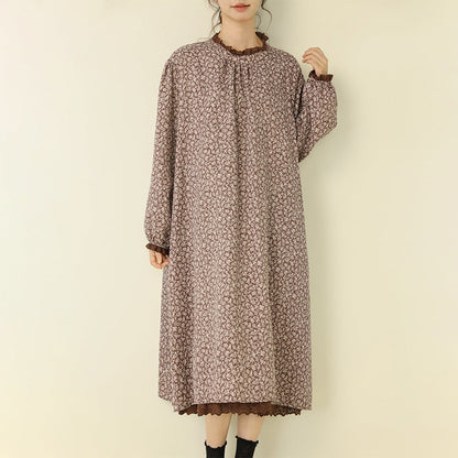 Floral Print Long Sleeve Dress Casual A-Line Dress with Ruffled Neckline