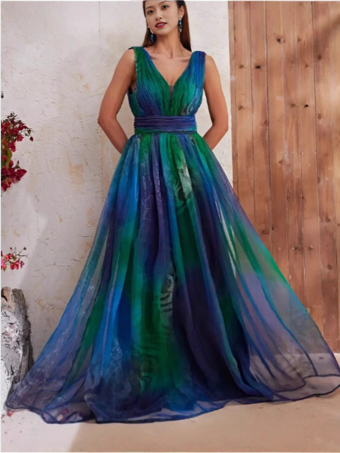 Floral Print Deep V-Neck Chiffon Maxi Dress For Women