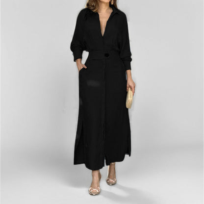 Women's Elegant V-Neck Maxi Dress with Belted Waist