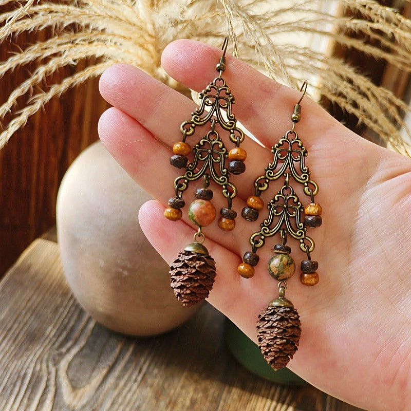 Vintage-Inspired Bohemian Hollow Bead Earrings with Natural Dried Fruits