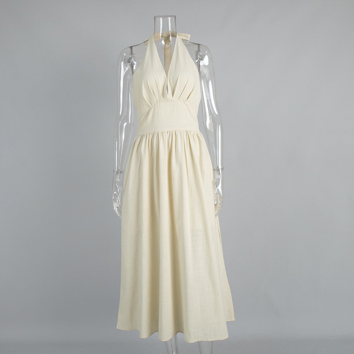 Cotton V-Neck Maxi Dress Casual Belted Style