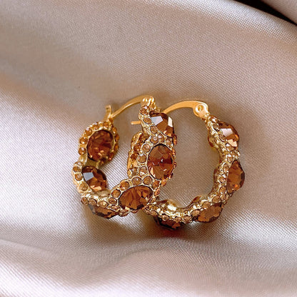 Coffee Crystal Circle Elegant Hoop Earrings
