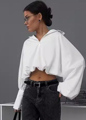 Cropped Balloon Sleeve Shirt In Crisp Fabric