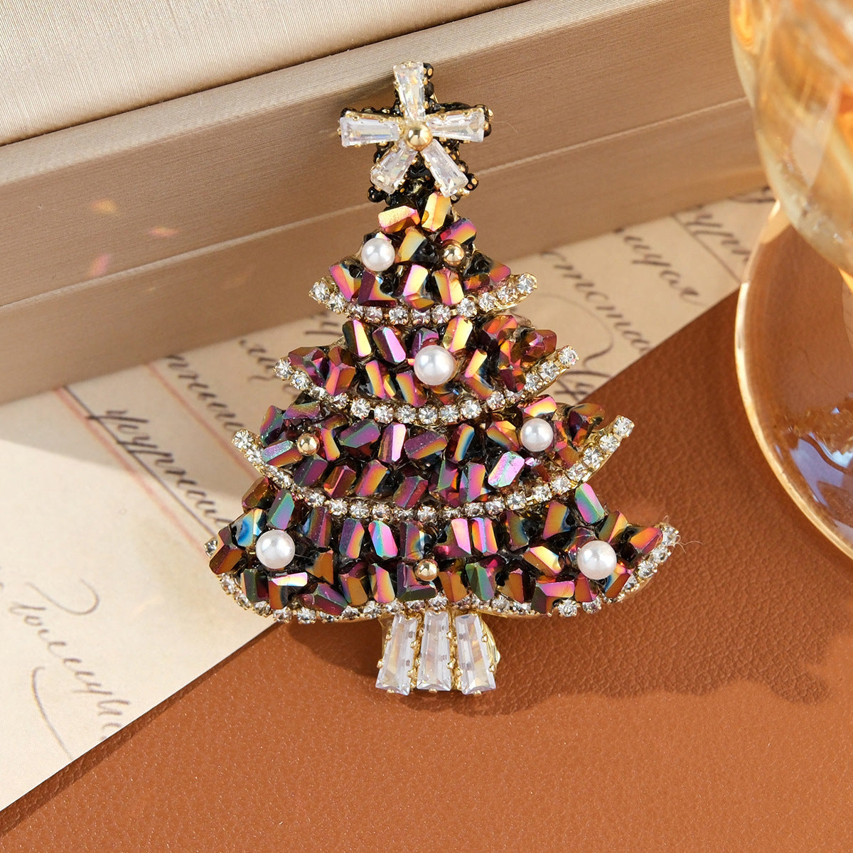 Elegant Crystal Pearl Christmas Tree Brooch