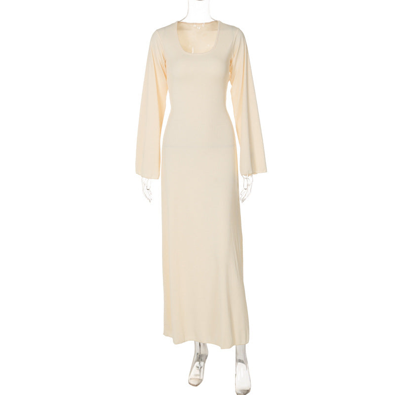 Trendy Casual U-Neck Long Sleeve Dress with Back Tie