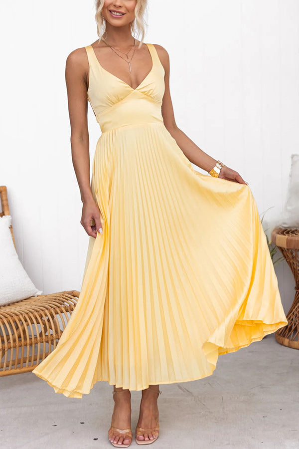 Elegant Yellow Satin A-Line Dress With V-Neck