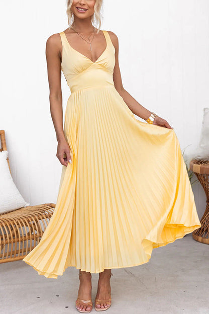Elegant Yellow Satin A-Line Dress With V-Neck